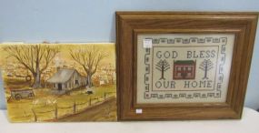 Signed Painting of Old Home Place, and Gold Bless Our Home Needlepoint