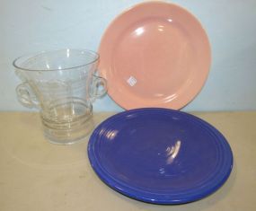 Two Large Round Serving Plates and Glass Handled Ice Bucket