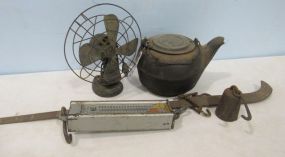 Cotton Scale, Iron Tea Pot, and  Hanson Hanging Scale No. 8920
