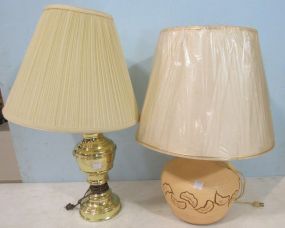 Two Lamps, One is Brass Plated and The Other is Ceramic with a Leaf Design