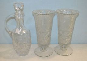 Pair of Ornate Pressed Glass Vases and Etched Glass Decanter