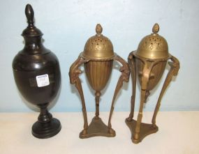 Pair of Brass Goat Head Urns and Painted Metal Urn