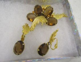 Gold Tone Brooch and Earrings