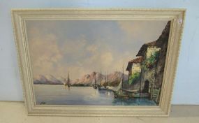 Oil Painting of Canvas Boats in Harbor