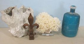 Frosted Jar, Fleur-de-lis Gate Emblem, Coral Birds Nest, and Pottery Stump Vase