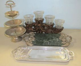 Two Decorative Cheese Trays, Five Glass Candle Holder Stand and Three Tier Metal Stand