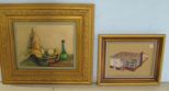 Gold Framed Watercolor of Fruit and Painting of House signed Ann 1980