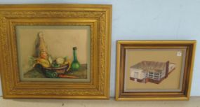 Gold Framed Watercolor of Fruit and Painting of House signed Ann 1980