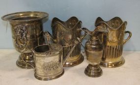 Silver Plate Urns, Pitcher, Vase, and Candle Holders