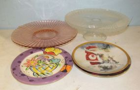 Two Glass Serving Pieces and Three Collectors Plates