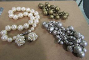 Faux Pearl Necklace and Earrings, Gold and Silver Tone Ball Bracelets