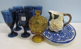 Blue Glassware, Amber Candy Gish, Hand Painted Platter, and Hand Made Pitcher
