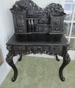 Japanese Carved Ebonized Wood Writing Desk with Chair