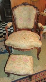 Carved French Style Arm Chair with Ottoman
