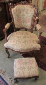 Carved French Style Arm Chair with Ottoman