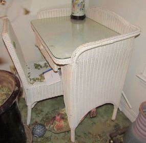 Vintage White Wicker Writing Desk and Chair