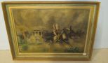 Antique Native American and Stagecoach Painting on Tin