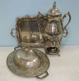 Silver Plate Coffee Urn, Meat Dome and Trays