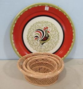 Three Woven Baskets and Large Roster Tin Charger