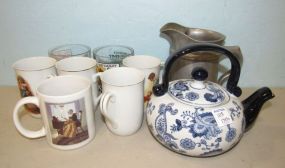 Group of Collectible Mugs, Prier One Tea pot, Metal Pitcher
