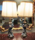 Pair of Blue and White Ceramic Parrot Lamps