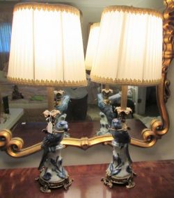 Pair of Blue and White Ceramic Parrot Lamps