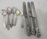 Five Sterling Demitasse Spoons  and Three Sterling Handle Butter Knives