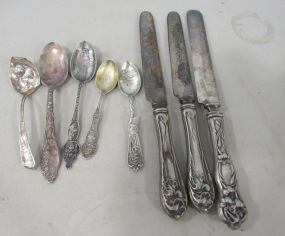 Five Sterling Demitasse Spoons  and Three Sterling Handle Butter Knives