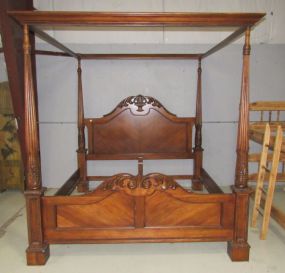 Modern Carved Mahogany Finish King Size Canopy Bed