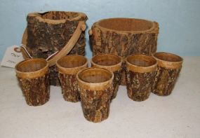 Two Portugal Cork Baskets and Six Portugal Cork Liquor Glasses