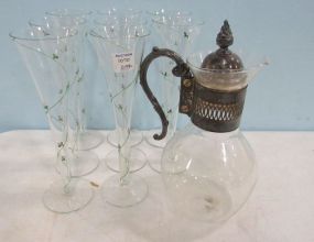 Eight Decor Flutes and Silver Plate Water Pitcher