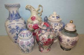 Six Hand Painted Urns and Jars