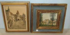 Reproduction Distressed Framed City Scene and Print of Board