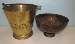Brass Handled Bucket and Metal Compote