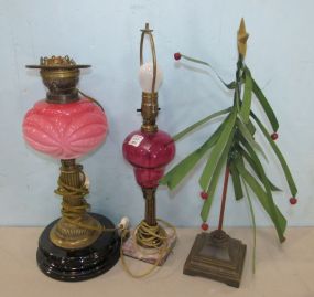 Two Vintage Glass Table Lamps and Tree Decor Stand