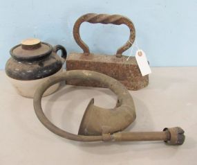 Antique Press Iron, Jug, and Antique Car Horn