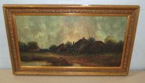 Vintage Oil on Canvas Village Scene