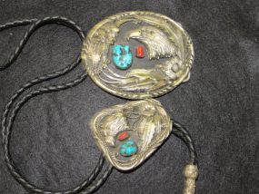 Turquoise and Coral Bolo Tie and Bucklet