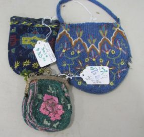 French Blue Beaded Handbag, Navy & Yellow Beaded Handbag, and Green & Pink Beaded Hand Bag