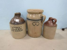 Three Crock Jars and Butter Churn