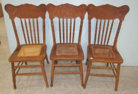 Three Vintage Pressed Back Golden Oak Side Chairs