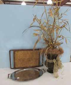 Artificial Plant, Woven Serving Tray, Metal Serving Tray.