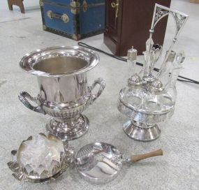 Silverplate Ice Bucket, Jars Tray, Dishes.