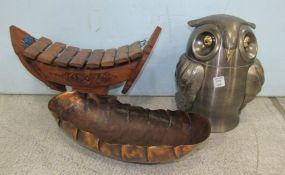 Metal Owl Ice Bucket, Brass Dish, Wood Carved Decor
