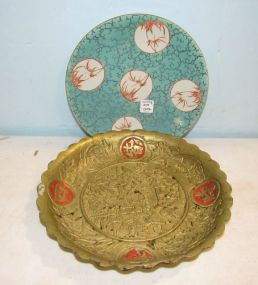 Brass Asian Design Charger and Asian Pottery Plate