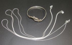 Sterling Bangle Bracelet with Dolphins and Three Sterling Chains