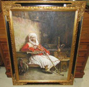 Large Oil Painting of Man Smoking Opium Pipe