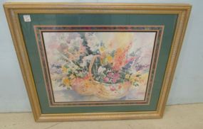 Framed Watercolor Print of Flowers in Basket