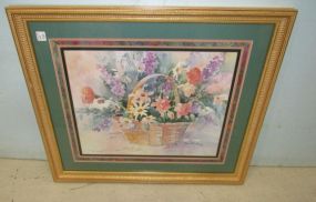 Framed Watercolor Print of Flowers in Basket
