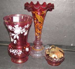 Three Hand Painted Cranberry Art Glass